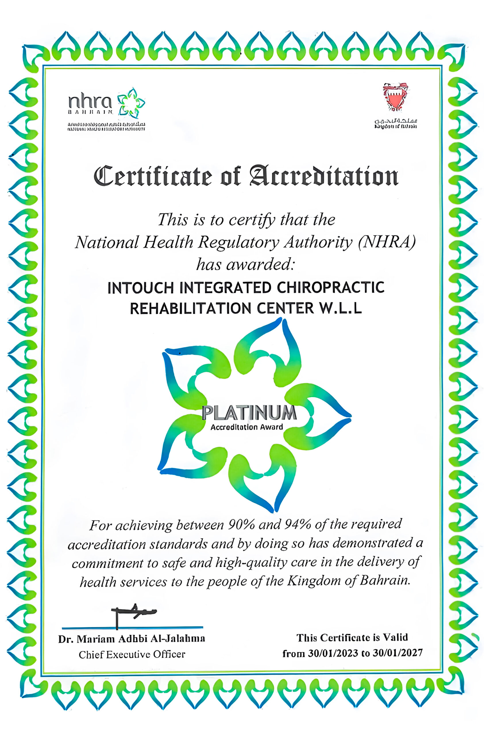 The National Health Regulatory Authority platinum level certificate of accreditation awarded to InTouch Clinic in 2023